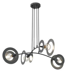 Lampadario 4 Luci Djehuty Acciaio Nero Bracci Diffusori A Doppio Cerchio
