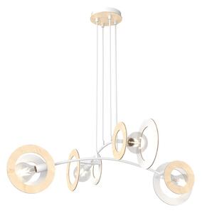 Lampadario 4 Luci Djehuty Acciaio Bianco Legno Naturale Diffusori Doppio Cerchio