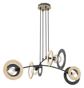 Lampadario 4 Luci Djehuty Acciaio Nero Legno Naturale Diffusori Doppio Cerchio