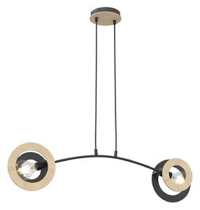 Lampadario 2 Luci Djehuty Acciaio Nero Legno Naturale Diffusori Doppio Cerchio