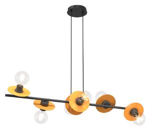 Lampadario 6 Luci Sakhmet Acciaio Nero E Arancio Con Barra E Diffusori A Piatti