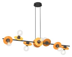 Lampadario 8 Luci Sakhmet Acciaio Nero E Arancio Con Barra E Diffusori A Piatti