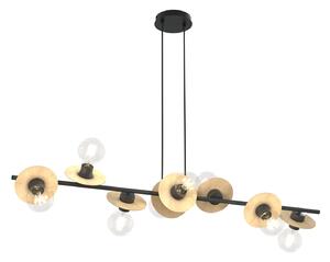 Lampadario 8 Luci Nuit Acciaio Nero E Legno Con Barra E Diffusori A Piatti