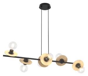 Lampadario 6 Luci Sakhmet Acciaio Nero E Legno Con Barra E Diffusori A Piatti