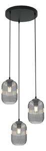 Lampadario 3 Luci Nuit Base Tonda Acciaio Nero E Vetri Plissettati Fumè