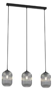 Lampadario 3 Luci Nuit In Acciaio Nero E Vetri Plissettati Fumè