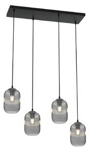 Lampadario 4 Luci Nuit In Acciaio Nero E Vetri Plissettati Fumè