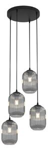 Lampadario 4 Luci Nuit Base Tonda Acciaio Nero E Vetri Plissettati Fumè