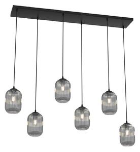 Lampadario 6 Luci Nuit In Acciaio Nero E Vetri Plissettati Fumè