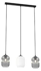 Lampadario 3 Luci Nuit Acciaio Nero E Vetri Plissettati In Bianco E Fumè