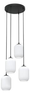 Lampadario 4 Luci Nuit Base Tonda Acciaio Nero Vetri Plissettati Bianchi