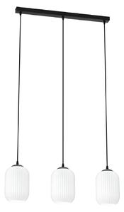 Lampadario 3 Luci Nuit Acciaio Nero E Vetri Plissettati Color Opale