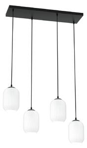 Lampadario 4 Luci Nuit In Acciaio Nero E Vetri Plissettati Bianchi