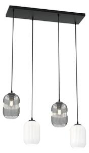 Lampadario 4 Luci Nuit Acciaio Nero E Vetri Plissettati In Bianco E Fumè