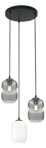 Lampadario 3 Luci Nuit Base Tonda Acciaio Nero Vetri Plissettati Bianco Fumè