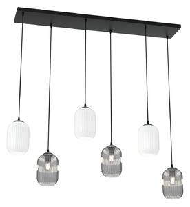 Lampadario 6 Luci Nuit Acciaio Nero E Vetri Plissettati In Bianco E Fumè