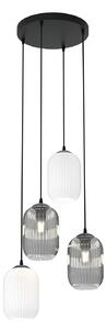 Lampadario 4 Luci Nuit Tonda Acciaio Nero Vetri Plissettati Bianco Fumè