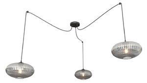 Lampadario 3 Luci Peteh In Acciaio Nero Paralume Plissettato Fumè