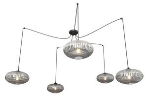 Lampadario 5 Luci Peteh In Acciaio Nero Paralume Plissettato Fumè