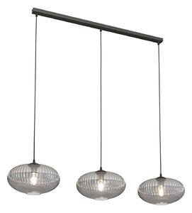 Lampadario 3 Luci Suchos In Acciaio Nero Paralume Plissettato Fumè
