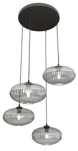 Lampadario 4 Luci Suchos Base Tonda Acciaio Nero Paralume Plissettato Fumè
