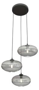 Lampadario 3 Luci Suchos Base Tonda Acciaio Nero Paralume Plissettato Fumè