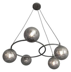 Lampadario 5 Luci Bel A Cerchi E Diffusori In Vetro Rigato Fumè