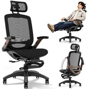 Sedia da ufficio ergonomica con poggiatesta regolabile, funzione di inclinazione e braccioli, sedia da gaming, colore nero con finitura effetto legno