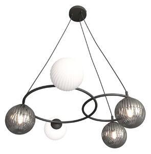 Lampadario 5 Luci Bel A Cerchi E Diffusori In Vetro Rigato Opale E Fumè