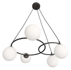 Lampadario 5 Luci Bel A Cerchi E Diffusori In Vetro Rigato Opale