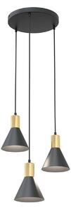 Lampadario 3 Luci Sin Base Tonda Acciaio Nero Paralumi Conici Nero Oro