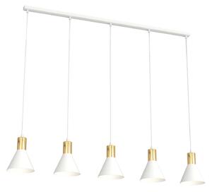 Lampadario 5 Luci Thalattē Acciaio Bianco E Paralumi Conici Bianco E Oro