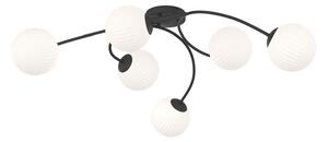 Plafoniera 6 Luci Theseus In Acciaio Nero E Vetro Rigato A Sfera Bianco