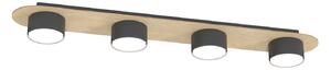 Plafoniera 4 Luci Theseus Acciaio Nero E Legno Naturale Diffusore A Cilindro
