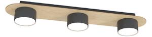 Plafoniera 3 Luci Theseus Acciaio Nero E Legno Naturale Diffusore A Cilindro