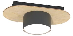 Plafoniera 1 Luce Theseus Acciaio Nero E Legno Naturale Diffusore A Cilindro