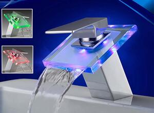 Rubinetto per lavabo da bagno in vetro con cascata LED RGB cromato | Rubinetto per lavabo | Miscelatore monocomando per lavabo | Miscelatore monocomando per bagno