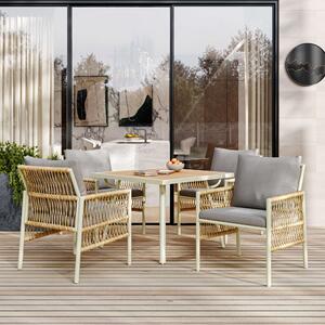 Set Tavolo e Sedie da Giardino in PE-Rattan e Ferro Zincato, 5 Pezzi: 4 Sedie con Cuscini Inclusi e 1 Tavolo , Tavolo con Piano in WPC, Beige+Naturale