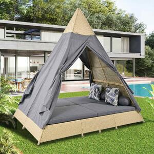 Set poltrona lounge da giardino in rattan con tenda, adatto per 2-4 persone, con cuscini rimovibili e lavabili con cerniera, Grigio