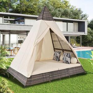 Set Salotto da Giardino in Rattan con Tenda, Adatto per 2-4 Persone, Include Cuscini Seduta Lavabili con Cerniera, Beige