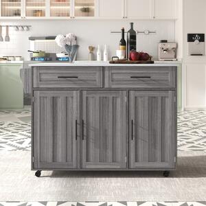 Carrello da Cucina Multifunzione con Tavolo Ribaltabile, Ripiani Interni e 5 Ruote, 2 Cassetti e Mobiletto Salvaspazio, 129x71x91,5 cm, Grigio