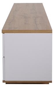 Mobile TV moderno color block in bianco con venature del legno, 180 cm - design lucido, anta a griglia, portata 50 kg, Bianco