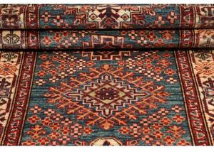 Tappeto Kazak Fine Stilizzato Blu Petrolio Rosso Mattone Corsia 85x271 Cm