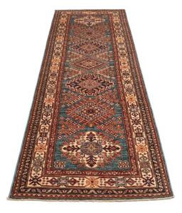 Tappeto Kazak Fine Stilizzato Blu Petrolio Rosso Mattone Corsia 85x271 Cm