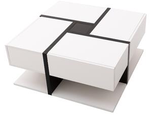 Tavolino da Salotto Quadrato Lucido con 4 Cassetti, Design Unico di Colori e Linee, Spazio Portaoggetti Inferiore, Bianco