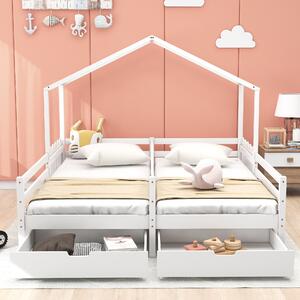 Letto a casetta con 2 cassetti su ruote, rete a doghe, senza materasso, 200×90 cm, Bianco