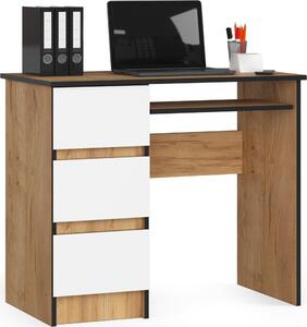 Scrivania A-6 in Rovere Craft e Bianco Sinistra con 3 Cassetti e Piano Estraibile per Tastiera