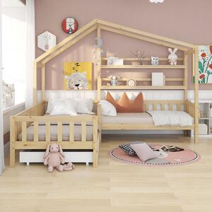 Letto per bambini a forma di casetta con cassetti e scaffali, senza materasso, 90x200 cm + 140x70 cm,naturale