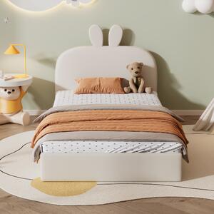 Letto imbottito con testiera a forma di coniglio, letto per bambini con doghe in legno, senza materasso, 90×200 cm, Beige