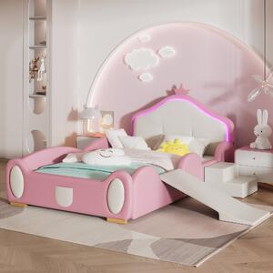 Letto Cartoon Crown con striscia LED, scivolo e scala, senza materasso, 90x200 cm, Rosa